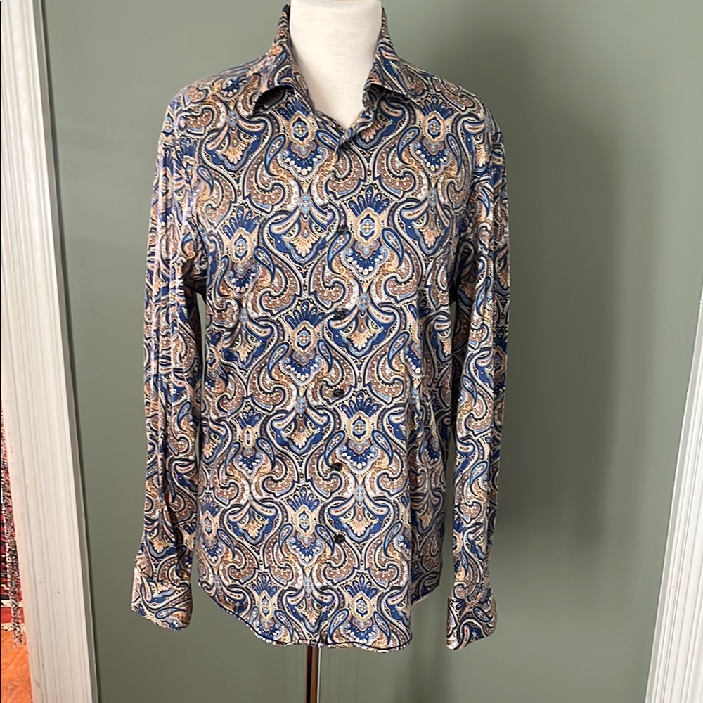 Blue and Brown Geometric Blouse with Long Sleeves